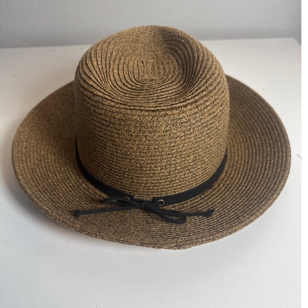 Lucky Brand Straw Hat Brown Black Leather Strap Womens One Size Summer Brimmed - Picture 2 of 7